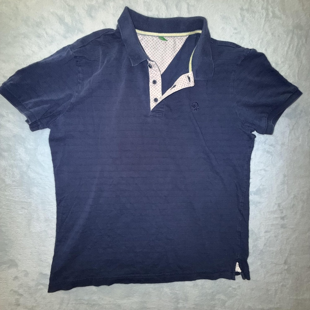 United Colors Of Benetton Polo Shirt Mens Large Blue Pattern Trim Casual Cotton